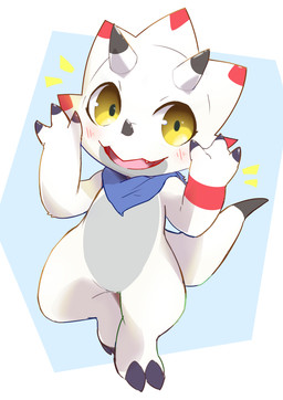 ambiguous_gender anthro black_claws blush chibi claws feet horn kerchief looking_at_viewer open_mouth semi-anthro simple_background smile solo tail tongue white_body yellow_eyes hirekam bandai_namco digimon digimon_ghost_game digimon_(species) gammamon absurd_res digital_media_(artwork) hi_res