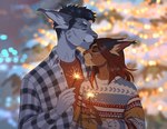 anthro anthro_on_anthro black_hair blurred_background brown_body christmas_tree closed_smile clothed clothing duo ears_back eyelashes eyes_closed female grey_body hair holidays kissing male male/female mouth_closed outside pivoted_ears plant romantic romantic_couple smile sparkler sparkles string_lights tan_body tree marie_merkh christmas marie_(marie_merkh) felid mammal hi_res