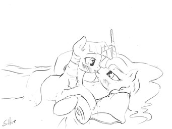 blush duo female female/female feral horn kissing silfoe friendship_is_magic hasbro my_little_pony mythology princess_luna_(mlp) twilight_sparkle_(mlp) equid equine mammal mythological_creature mythological_equine unicorn 2015 4:3 hi_res monochrome