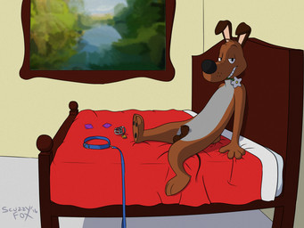 animal_genitalia balls bed brown_body brown_fur chastity_cage chastity_device collar condom_wrapper fully_sheathed fur furniture genitals leash leashed_collar lock looking_at_viewer male nude over_sheath_chastity_cage padlock presenting semi-anthro sheath sheath_chastity_cage smile solo unlocked_chastity_cage scuzzyfox looney_tunes warner_brothers charlie_dog canid canine canis domestic_dog mammal 2016 4:3 hi_res shaded