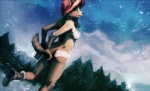 anthro biped boots bra clothed clothing cloud detailed_background female footwear forest hair looking_back night outside panties plant red_eyes red_hair scenery skimpy sky snow snowing solo standing star starry_sky svartvarg tail tree underwear wood