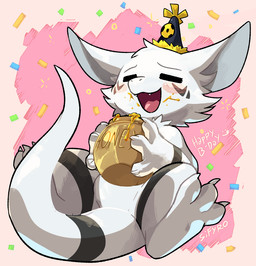 3_fingers 3_toes ambiguous_gender anthro blush chibi claws clothing drunk eyes_closed fangs featureless_crotch feet finger_claws fingers fluffy food fur hat headgear headwear honey_(food) open_mouth party_hat semi-anthro solo substance_intoxication tail teeth toe_claws toes tongue blitzdrachin conditional_dnp mythology minnow_(lemonynade) dragon furred_dragon furred_scalie mythological_creature mythological_scalie scalie