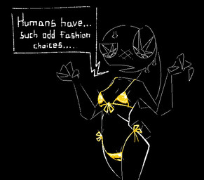 anthro bikini blush bodily_fluids clothed clothed_anthro clothed_female clothing dialogue female female_anthro gold_bikini solo speech_box sweat sweaty_face swimwear text two-piece_swimsuit breakcoreyuri golden_week vib-ribbon vibri lagomorph mammal 2026 digital_media_(artwork) english_text