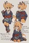 accessory anthro asian_clothing blush bottomwear brown_eyes clothed clothing east_asian_clothing female footwear fur hair hair_accessory japanese_clothing kemono looking_at_viewer smile solo text topwear yagi_the_goat canid canine fox mammal digital_media_(artwork) english_text hi_res