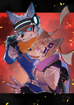 anthro biceps blue_body blue_eyes blue_fur brown_body brown_fur duo eyewear fire fur goggles hair helping male multicolored_body multicolored_fur muscular muscular_male pecs purple_eyes scarf superhero_costume two_tone_body two_tone_fur asleepchef yakumo_(asleepchef) canid canine canis domestic_dog hybrid mammal wolf absurd_res hi_res