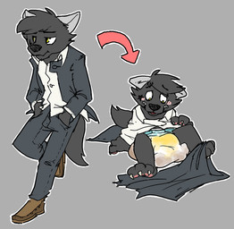 age_regression anthro biped black_body black_fur bodily_fluids clothed clothing diaper feces fur genital_fluids male neonate pooping sagging_diaper soiled_diaper soiling soiling_diaper solo star_symbol transformation transformation_sequence unclean_diaper urine used_diaper using_diaper wearing_diaper wet_diaper young young_anthro crackajackin toya_pup canid canine canis mammal wolf 2012 digital_media_(artwork) sequence