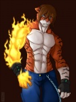 anthro blue_eyes bottomwear brown_hair chain clothing denim denim_bottomwear denim_clothing fingerless_gloves fire gloves grin hair handwear jeans male muscular muscular_anthro muscular_male pants smile solo stripes superhero superpower faint felid mammal pantherine tiger 3:4