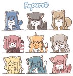 :3 black_eyes blush bow_tie colored_fur female feral fluffy fluffy_tail group one_eye_closed paws raised_paw smile tail text wink fekochika love_live! love_live!_sunshine!! chika_takami dia_kurosawa hanamaru_kunikida kanan_matsuura mari_ohara riko_sakurauchi ruby_kurosawa yoshiko_tsushima you_watanabe canid canine canis domestic_cat domestic_dog felid feline felis mammal raccoon_dog tanuki 2018 digital_drawing_(artwork) digital_media_(artwork) english_text hi_res