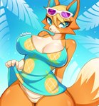 anthro big_breasts blonde_hair blue_eyes breasts cleavage clothed clothing clothing_lift eyewear eyewear_on_head female fur hair looking_at_viewer nipple_outline orange_body orange_fur panties short_hair solo sunglasses sunglasses_on_head thick_thighs underwear vtalna1 animal_crossing nintendo audie_(animal_crossing) canid canine canis mammal wolf 2023 absurd_res artist_name digital_media_(artwork) hi_res