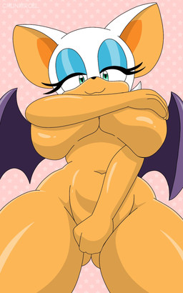 anthro bat_wings big_breasts big_ears black_nose blue_eyeshadow breasts covering covering_breasts covering_crotch covering_self eyelashes eyeshadow female front_view fur green_eyes hand_on_breast looking_at_viewer low-angle_view makeup membrane_(anatomy) membranous_wings pattern_background pink_background purple_wings simple_background smile solo tan_body tan_fur thick_thighs under_boob white_body white_fur wide_hips wings chunkiroll_(artist) sega sonic_the_hedgehog_(series) rouge_the_bat bat mammal 5:8 hi_res