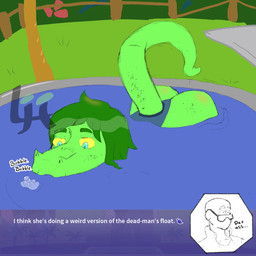 anthro blowing_bubbles blue_eyes butt clothing duo eyewear female freckled_butt freckled_face freckled_tail freckles green_body green_skin jacket looking_down male speckle_freckles sunglasses surprised swimming_pool swimwear tail text text_box topwear yellow_sclera luckyhomie cavemanon_studios i_wani_hug_that_gator inco_(iwhtg) olivia_halford baryonyx dinosaur human mammal prehistoric_species reptile saurischian scalie spinosaurid theropod 1:1 colored english_text hi_res