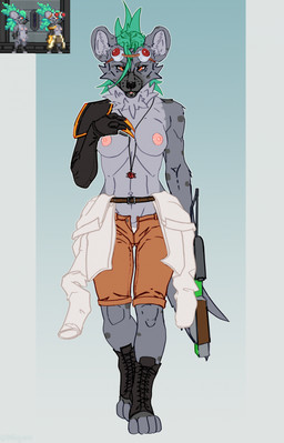 anthro belt boots bottomwear breasts clothed clothing eyewear eyewear_on_head female footwear fur goggles goggles_on_head green_hair grey_body grey_fur gun hair looking_at_viewer mohawk nipples pants partially_clothed ranged_weapon red_eyes shoes shorts simple_background solo topless topwear weapon milajanh hyena mammal spotted_hyena 2025 digital_media_(artwork) hi_res