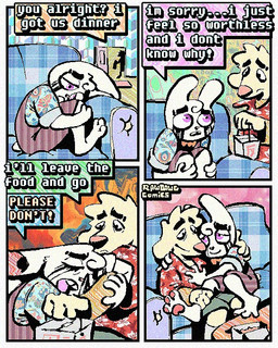 4_panel_comic aloha_shirt anthro bodily_fluids clothing crying dialogue eyes_closed floppy_ears fur half-closed_eyes makeup male mascara narrowed_eyes overalls pattern_clothing pattern_shirt pattern_topwear pawpads paws pink_pawpads running_makeup running_mascara shirt speech_bubble takeout_box tears teeth text tooth_gap topwear white_body white_fur yellow_body yellow_fur rawdawgcomics bingus_(rawdawgcomics) stahli_(rawdawgcomics) canid canine canis domestic_dog lagomorph leporid mammal rabbit 4:5 comic english_text