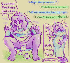 anthro biped bodily_fluids clothed clothing clothing_lift crouching dress dress_lift dress_only easter_egg egg eggnant female female_anthro genitals hair holidays humanoid_genitalia humanoid_vulva onomatopoeia oviposition pregnant pregnant_anthro pregnant_female raised_clothing raised_dress slime solo sound_effects speech_bubble sweat sweatdrop text vulva tubedchips easter amphibian frog goo_creature english_text hi_res