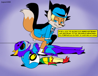 accessory age_difference anthro armwear balls beak big_breasts biped blonde_hair blue_armwear blue_cape blue_clothing blue_elbow_gloves blue_eyes blue_gloves blue_hair blue_handwear blue_hat blue_headwear blue_jacket blue_legwear blue_leotard blue_mask blue_thigh_boots blue_thigh_highs blue_topwear boots bottomless bottomless_male bowler_hat breasts cape cheek_tuft clothed clothed_female clothing countershading domino_mask elbow_gloves eyemask eyes_closed eyewear facial_tuft female footwear fur genitals gloves green_cape green_clothing grin group hair handwear hat headgear headwear high_heeled_boots high_heels jacket larger_female larger_male legwear leotard looking_at_viewer lying lying_on_ground male mask necktie older_female older_male on_back on_ground orange_body orange_fur red_boots red_clothing red_footwear red_gloves red_handwear shirt shoes short_hair size_difference smaller_female smile superhero superhero_costume supervillain text text_box thigh_boots thigh_highs topwear trio tuft white_body white_countershading white_dress_shirt white_fur yellow_clothing yellow_sclera yellow_shirt yellow_topwear young young_anthro young_female younger_female jugend tycloud avian bird canid canine eurasian_blue_tit fox mammal oscine owl passerine tit_(bird) english_text hi_res