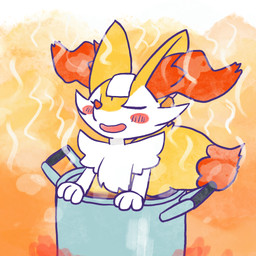 ambiguous_anthro ambiguous_gender anthro biped blush blush_stickers character_prepared_as_food cooking_pot dipstick_tail eyes_closed food front_view markings object_in_tail open_mouth open_smile shrimp_(food) smile solo steam tail tail_markings towel towel_on_head annyui0611 nintendo pokemon braixen canid generation_6_pokemon mammal pokemon_(species) 1:1 2024 digital_drawing_(artwork) digital_media_(artwork) hi_res japanese_description translated_description