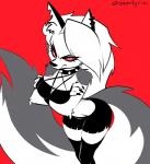 anthro breasts clothed clothing collar ear_piercing female fur grey_body grey_fur grumpy looking_at_viewer piercing red_sclera simple_background solo spiked_collar spikes white_body white_fur sem-l-grim helluva_boss mythology loona_(helluva_boss) canid canid_demon canine demon hellhound mammal mythological_canine mythological_creature hi_res