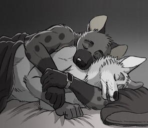 5_fingers anthro bed bed_sheet bedding biped bodily_fluids claws clock cuddling drooling duo ears_up eyebrows eyes_closed fangs fingers fur furniture male male/male nude on_bed open_mouth pillow saliva simple_background sleeping spooning teeth under_covers watch rayfkm canid canine fox hyena mammal spotted_hyena monochrome