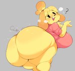 animal_crossing anthro bent_over big_breasts big_butt blonde_hair bottomless breasts bulumble-bee butt canid canine canis clothed clothing domestic_dog english_text exclamation_point female hair hi_res huge_breasts huge_butt huge_hips huge_thighs isabelle_(animal_crossing) looking_back mammal nintendo onomatopoeia question_mark shih_tzu shirt solo sound_effects text thick_thighs topwear toy_dog wide_hips yellow_body