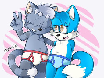 5_fingers anthro bangs biped black_nose blue_body blue_briefs blue_clothing blue_fur blue_underwear briefs briefs_only brown_eyes bulge cheek_tuft chest_tuft clothed clothing colored_seam_briefs colored_seam_underwear detailed_bulge duo eyebrows eyes_closed eyewear facial_tuft fangs fingers fur glasses grey_body grey_fur inner_ear_fluff male male_anthro multicolored_body multicolored_fur navel smile tail tan_body tan_fur teeth tighty_whities topless tuft underwear underwear_only white_body white_briefs white_clothing white_fur white_underwear young young_anthro young_male alystaircat alystair_(alystair-the-cat) canid canine domestic_cat felid feline felis fox mammal absurd_res hi_res signature