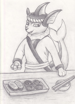 accessory ambiguous_gender bowl chopsticks clothing container fangs fin food furniture headband headgear headwear liquid semi-anthro solo soy_sauce sushi table tail teeth vulnec nintendo pokemon eeveelution generation_1_pokemon pokemon_(species) vaporeon graphite_(artwork) hi_res traditional_media_(artwork)