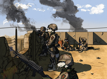 aiming aiming_weapon anthro armor army boots brick bulletproof_vest cable carbine cigarette cigarette_in_mouth clothing cloud combat_boots day desert electronics eyewear footwear glasses gloves group gun handwear headgear helmet holding_object holding_weapon iraq light m249 m4_carbine machine_gun male military military_clothing military_helmet military_uniform mossberg_500 object_in_mouth radio ranged_weapon rifle rifle_scope rifle_sling rooftop shoes shotgun sitting smoke smoking smoking_cigarette soldier standing sunlight uniform warrior weapon wearing_glasses muddy_(artist) iraq_war tony_(muddy) avian bird border_collie canid canine canis collie corvid domestic_dog fox herding_dog husky magpie_(corvid) mammal nordic_sled_dog oscine passerine pastoral_dog rodent sciurid sheepdog spitz tree_squirrel hi_res