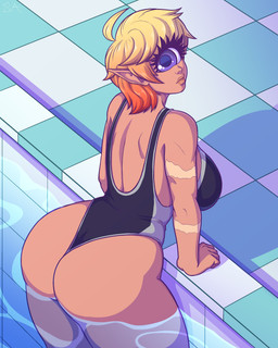 1_eye backless_clothing backless_swimsuit butt clothed clothing eyelashes female hair humanoid_pointy_ears looking_at_viewer looking_back multicolored_hair not_furry one-piece_swimsuit open-back_swimsuit partially_submerged pointy_ears purple_eyes scar short_hair solo swimming_pool swimwear two_tone_hair water souladdicted viviana_(souladdicted) cyclops humanoid 2018 4:5 absurd_res digital_media_(artwork) hi_res