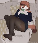 anthro blush breasts cellphone clothed clothing electronics eyewear feet female fur genitals glasses green_eyes hair holding_object holding_phone legwear looking_at_object looking_at_phone paws phone pussy short_hair simple_background smartphone solo stockings tail toes topwear pawkers mammal digital_media_(artwork) hi_res