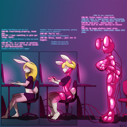 anthro base_one_layout basic_sequence big_breasts biped blonde_hair breast_expansion breasts clothed clothing computer electronics expansion female forced glowing hair handle latex linear_sequence mind_control offscreen_character one_row_layout open_mouth sitting solo standing surprised text three_frame_image three_frame_sequence transformation transformation_sequence blackshirtboy lagomorph leporid mammal rabbit 1:1 2012 english_text sequence signature
