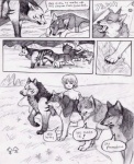 ambiguous_gender canid canine canis clothed clothing comic coop_(wrng) dialogue digitigrade english_text feral fungus fur graphite_(artwork) greyscale group human male mammal monochrome mushroom natsume_(wrng) natsumewolf oz_(wrng) pencil_(artwork) quadruped rikku text traditional_media_(artwork) wolf wolf's_rain wolf's_rain_next_generation