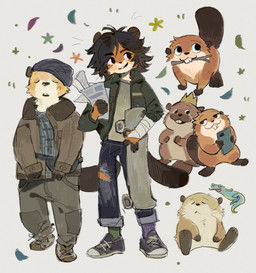anthro anthrofied bandage bandaged_arm beanie biped bipedal_feral buckteeth cast cellphone clothed clothing electronics eyes_closed female feral group hat headgear headwear male phone smartphone stick teeth xinxinbird disney hoppers_(disney) pixar king_george_(hoppers) loaf_(hoppers) mabel_tanaka tom_(hoppers) beaver lizard mammal reptile rodent scalie hi_res