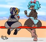 4_toes anthro beach big_butt blep blue_body blue_fur butt claws clothing countershading duo feet female fur hair markings multicolored_hair seaside sitting spots spotted_body spotted_fur swimwear toe_claws toes tongue tongue_out two_tone_hair goddgod1 sheila_koala_(blarf022) venus_von_colugo_(blarf022) colugo koala mammal marsupial vombatiform 2024