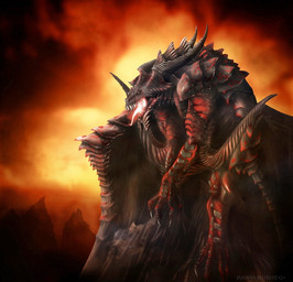 anthro claws climbing fire glowing glowing_mouth glowing_tongue grey_markings high_place horn markings mountain open_mouth red_body scales sharp_teeth side_view simple_background smoke solo sunset teeth tongue tongue_out gilgash mythology dragon mythological_creature mythological_scalie scalie digital_media_(artwork) full-length_portrait hi_res portrait restricted_palette