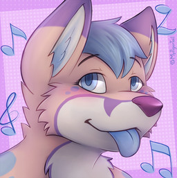 ambiguous_gender anthro blue_tongue blush countershading musical_note musical_symbol pattern_background simple_background solo symbol tongue mytigertail canid canine fox mammal 2016 signature