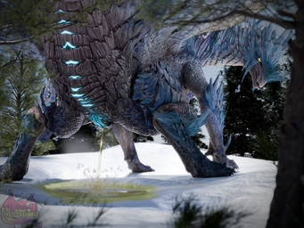 bodily_fluids female feral forest genital_fluids genitals glowing glowing_markings looking_at_viewer looking_back markings outside peeing plant quadruped snow solo steam tree urine urine_pool urine_stream vulva watersports wings potatotime dransvitry_(modeler) capcom monster_hunter velkhana 3d_(artwork) blender_(artwork) digital_media_(artwork) hi_res watermark