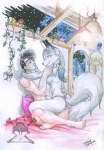 anthro art_nouveau breasts building clothed clothing detailed_background duo_focus eye_contact female feral flower fluffy fluffy_tail fur group hand_on_face house human_on_anthro inside interspecies lamp looking_at_another love male male/female multi_tail night plant red_eyes romantic romantic_couple side_boob sky smile star starry_sky tail topless vines white_body white_fur amiral_aesir fox_ares kitsune_bothan avian bird canid canine canis fox human mammal wolf 2006 hi_res signature