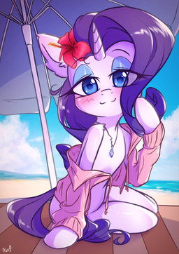 accessory anthro beach blue_eyes blush clothed clothing day eyebrows eyelashes eyeshadow female flower flower_in_hair fur hair hair_accessory hooves horn jewelry long_hair looking_at_viewer makeup necklace outside plant purple_hair purple_tail seaside solo tail umbrella water white_body white_fur kafuu friendship_is_magic hasbro my_little_pony mythology rarity_(mlp) equid equine mammal mythological_creature mythological_equine unicorn hi_res signature