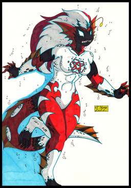 4_toes 5_fingers anthro black_border black_spots border breasts duo featureless_breasts featureless_crotch feet female fingers frill_(anatomy) gills hair lure_(anatomy) markings membrane_(anatomy) multicolored_body multicolored_hair navel nude occult_symbol pentagram red_body red_hair simple_background smile solo spots spotted_body striped_markings stripes symbol tail teeth text toes webbed_feet webbed_hands white_background white_body white_eyes white_hair white_stripes cougar_leon silence_(marvel) alien anglerfish anglerfish_humanoid aquatic fish humanoid klyntar mammal 2026 absurd_res artist_name colored english_text hi_res signature traditional_media_(artwork)