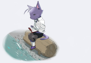 anthro biped book clothed clothing footwear log male reading shoes sitting solo water wood young young_anthro young_male chisa morenatsu shin_kuroi digital_media_(artwork)