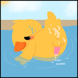 after_orgasm after_sex animal_genitalia animal_penis anus avian_butt balls bedroom_eyes biped bipedal_feral black_border blush bodily_fluids border butt cum cum_in_ass cum_inside cum_on_butt erection feral fur genital_fluids genitals half-closed_eyes looking_at_viewer looking_back male narrowed_eyes nude outside penis poolside presenting presenting_hindquarters raised_tail rubber_duck seductive solo sweat sweatdrop tail water yellow_body yellow_fur conditional_dnp muffinlewds placid_plastic_duck_simulator anatid animate_inanimate anseriform avian bird duck mammal 1:1 digital_media_(artwork) hi_res