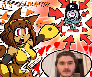 animal_ears anthro armor armwear beard big_breasts black_hair bodysuit breasts brown_body brown_fur brown_hair clothing crossed_arms cute_fangs directional_arrow duo excited exclamation_point eyebrows eyewear eyewear_on_head facial_hair fangs female female_anthro footwear fur gauntlets gesture gloves goggles goggles_on_head hair hand_gesture handwear hat headgear headwear humor machine male mature_anthro mature_female mustache open_mouth photo pointing pointing_at_another pose raised_eyebrows real red_clothing red_eyes red_footwear red_shoes sharp_teeth shoes simple_background skinsuit smug smug_face smug_grin snout stubble surprised tail teeth thick_thighs tight_clothing topwear wide_eyed wide_hips yellow_bodysuit yellow_clothing yellow_skinsuit yellow_topwear diddlydooter1 gameoverse glitch_productions jschlatt kaboodle_(gameoverse) kit_(gameoverse) animal_humanoid cat_humanoid cyclops digital_creature felid felid_humanoid feline feline_humanoid humanoid mammal mammal_humanoid robot unknown_species waddling_head colored digital_drawing_(artwork) digital_media_(artwork) meme