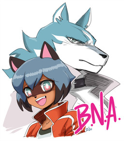 anthro clothing duo female looking_at_viewer male open_mouth simple_background white_background john_joseco brand_new_animal studio_trigger michiru_kagemori shirou_ogami canid canine canis mammal raccoon_dog tanuki wolf digital_media_(artwork) hi_res shaded