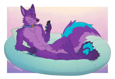 animal_genitalia anthro blue_collar blue_markings blue_pawpads collar fully_sheathed fur genitals glistening glistening_eyes hair male male_anthro markings mouth_closed nude pawpads purple_body purple_eyes purple_fur purple_hair reclining sheath short_hair solo yookie canid canine mammal 2024 dated hi_res