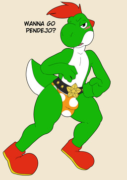 anthro blush bottomwear bulge clothing detailed_bulge genital_outline glistening glistening_eyes green_body hair looking_at_viewer male male_anthro narrowed_eyes open_mouth orange_bottomwear orange_clothing penis_outline profanity red_hair simple_background solo standing teeth white_background white_body hardscales mario_bros mythology nintendo paper_mario paper_mario:_the_thousand_year_door the_great_gonzales_jr dinosaur dragon green_yoshi mythological_creature mythological_scalie prehistoric_species reptile scalie yoshi full-length_portrait hi_res portrait