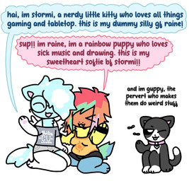 anthro clothing collar duo eyewear feathered_wings feathers female fingerless_gloves fur glasses gloves hair hair_over_eye handwear male multicolored_body multicolored_fur piercing rainbow_body rainbow_fur scene_haircut text wings guppyscollar raine_beau_(guppyscollar) stormi_clouds_(guppyscollar) canid canine felid feline mammal english_text hi_res