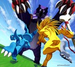 3_toes 5_toes anthro blue_body bone butt claws club_(weapon) feet fight group male melee_weapon motion_lines running size_difference toes trio weapon alakser bandai_namco digimon apemon bear digimon_(species) grizzlymon haplorhine mammal monkey primate scalie veemon