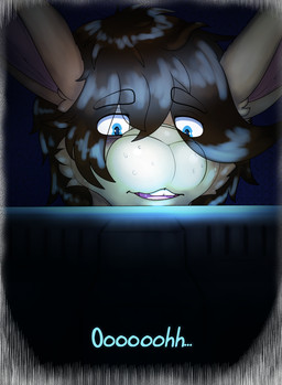 anthro blue_eyes brown_body brown_ears brown_fur brown_hair brown_nose brown_spots buckteeth computer drunk electronics front_view fur hair inside laptop long_ears looking_at_computer looking_at_laptop looking_at_object male markings mismatched_ears multicolored_body multicolored_fur smile solo spots spotted_body spotted_fur substance_intoxication surprised teeth text tired_eyes tongue two_tone_body two_tone_fur dasherslash ben_(dasherslash) hare lagomorph leporid mammal rabbit 2025 absurd_res digital_media_(artwork) hi_res