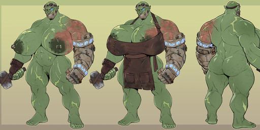 apron apron_only back_muscles bald big_breasts big_nipples breasts burn_scar clothing ear_piercing eyebrow_piercing eyewear facial_piercing female fist gloves goggles green_body hammer handwear looking_at_viewer mature_female metal_arm metal_jaw metal_limbs multiple_poses muscular muscular_butt muscular_female nipples nose_piercing nude piercing pose re'jahg_(homura) scar scars_all_over septum_piercing simple_background smile solo tools cosmicdanger humanoid orc hi_res model_sheet