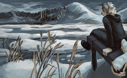 anthro black_body black_clothing black_fur boots bottomwear clothing cloud ear_piercing fluffy fluffy_tail footwear fur grey_body grey_fur hair hoodie ice male mountain pants piercing plant shoes sitting smoke snow solo sweatpants tail topwear village water white_body white_fur duffycliff cryotaiga ambient_bird ambient_flier felid hybrid mammal pantherine snow_leopard tiger hi_res