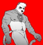 angry anthro arm_tuft belly_hair biceps body_hair bottomwear chest_hair clothed clothing deltoids elbow_tuft jewelry male manly muscular navel necklace nipples pants pecs pubes red_background shoulder_tuft simple_background solo striped_body stripes topless triceps tuft boomstick_0 niko_(boomstick_0) bear felid giant_panda hybrid mammal pantherine tiger 2025 hi_res